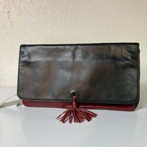 Halston 80431 Black and Red Soft Leather Large Clutch Tassel $160 NWT